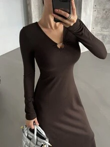 DAZY Women's Casual Solid Color Dress, Suitable For Commuting,Fall Women Clothes Long Sleeve Dress - Brown - View 6