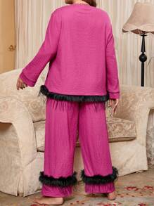 Knitted Long Sleeve Sleepwear Set, Plus Size - Hot Pink - View 2
