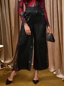 SHEIN Clasi Damen modische schwarze Hose mit Spitzen-Patchwork für Herbst & Winter - Schwarz - Übersicht 9