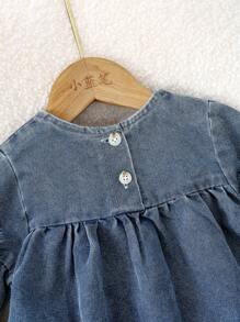 Genkimix Kids Baby Girl Cute Floral Embroidered Loose Comfortable Denim Dress With Ruffle Hem Design - Medium Wash - View 6