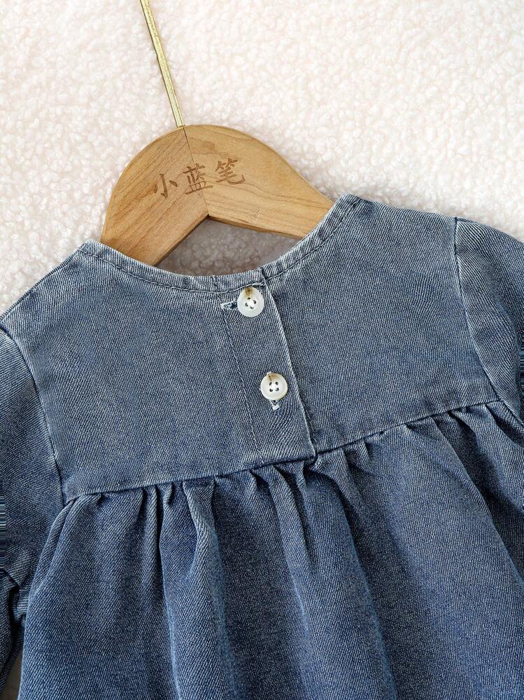 Genkimix Kids Baby Girl Cute Floral Embroidered Loose Comfortable Denim Dress With Ruffle Hem Design - Medium Wash - View 6