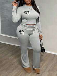 Slaydiva Áo dài tay in hình trái tim màu xám thanh lịch giản dị cỡ lớn và quần dài cho nữ 2 món/bộ - Xám - Xem 3