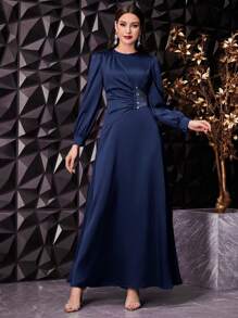 Veilorie 女士褶皱泡泡袖连衣裙，优雅晚宴礼服长款晚礼服 - 藏蓝色 - 查看 8