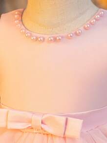 Glamorique Kids Flower Girl, Baby Girl Princess Dress, Bow, Pink Dress, Double Layered Shaping Mesh Dress With Hem, Pink Pearl, Making People Confident And Proud, Suitable For Formal Occasions, Vacation, Partywear ,Valentine's Day,Birthday Dress, New Year's Day, Birthday Party, Wedding Festival Dress, Gorgeous Dress, Middle East, Europe And America - Pink - View 3