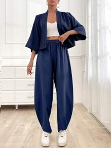 EURMUSE 2pcs/Set Casual Solid Color Daily Co-Ord Set - Jacket And Pants Day Time Navy Blue Autumn - Navy Blue - View 4