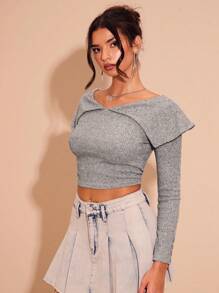 Glamine 休闲领口露肩长袖简约衬衫 - 灰色 - 查看 6