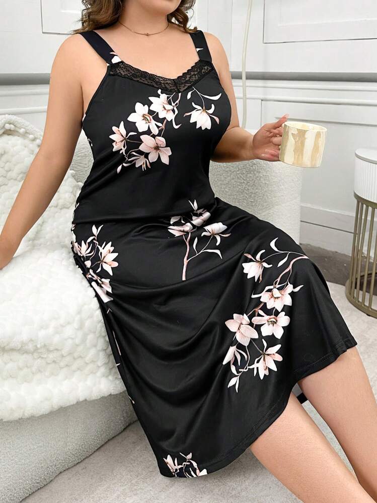SHEIN 加大码中长款睡袍，梅花领，蕾丝印花 - 彩色 - 查看 3
