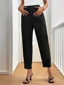 Xyvia Women's Elegant Solid Color Pleated Detail Regular Suit Pants, Autumn - Black - View 7