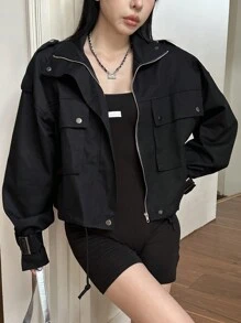 Dazy-Less 翻盖口袋落肩抽绳下摆夹克，复古风格，秋季服装 - 黑色 - 查看 2