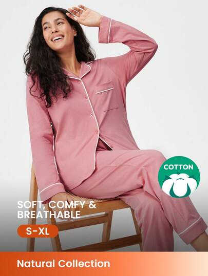 LUVLETTE Autumn And Winter Soft 100% Pure Cotton Basic Long Button-Up Pajama Set For Women Lounge Sets For Women Pants With Pockets Fall Pajamas Clothes