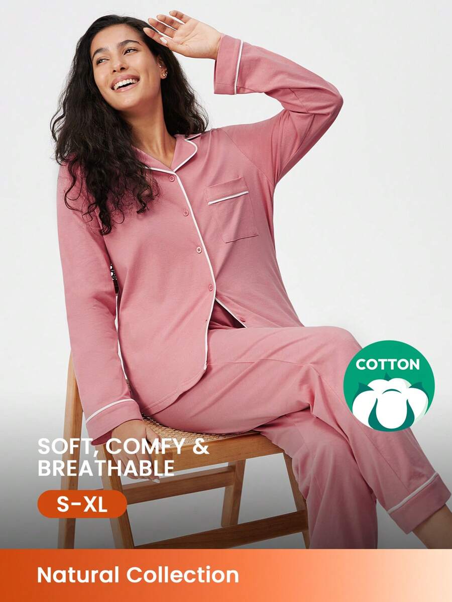 LUVLETTE Autumn And Winter Soft 100% Pure Cotton Basic Long Button-Up Pajama Set For Women Lounge Sets For Women Pants With Pockets Fall Pajamas Clothes