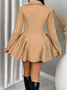 Zolique Notched Collar Long Sleeve Button Front Side Ruffle Hem Overcoat Fall Winter Cloth For Women - Khaki - View 2