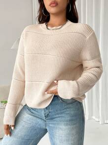 SHEIN EZwear Plus Solid Spring Ribbed Knit Sweater, For Winter - Apricot - View 4