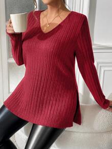 SHEIN Essnce 大码女式秋季休闲宽松舒适 V 领长袖红色 T 恤、秋季女装、圣诞女上衣、可爱上衣、红色上衣 - 紅色 - 查看 5