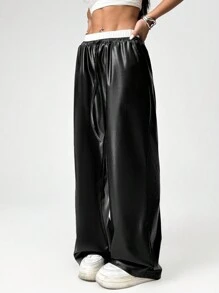 SHEIN EZwear Women's Contrast Color Lace-Up Leather Wide-Leg Casual Leather Pants