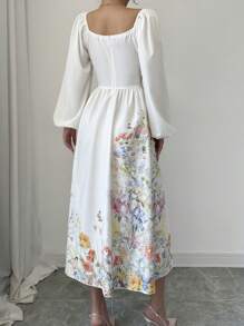 Chiquease 浪漫花卉贴花腰部修身喇叭裙女式长款女装 - 白色 - 查看 2