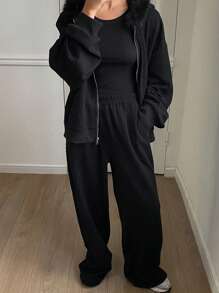 DAZY 2 piezas Conjunto de chaqueta con capucha y cuello esponjoso talla grande pantalones de unicolor para mujer, forrado térmico para otoño e invierno, conjunto de chándal para mujer - Negro - Ver 8