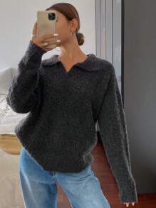 DAZY Oversized Casual Basic Long Sleeve Polo Neck Sweater,Fall Women Clothes - Black - View 8