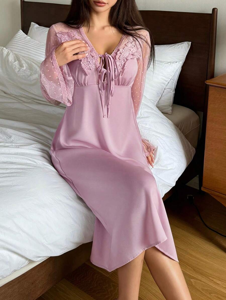 DAZY Satin & Contrast Lace Ruffle Sleeve Waist Cinched Nightgown Pajama - Dusty Pink - View 1