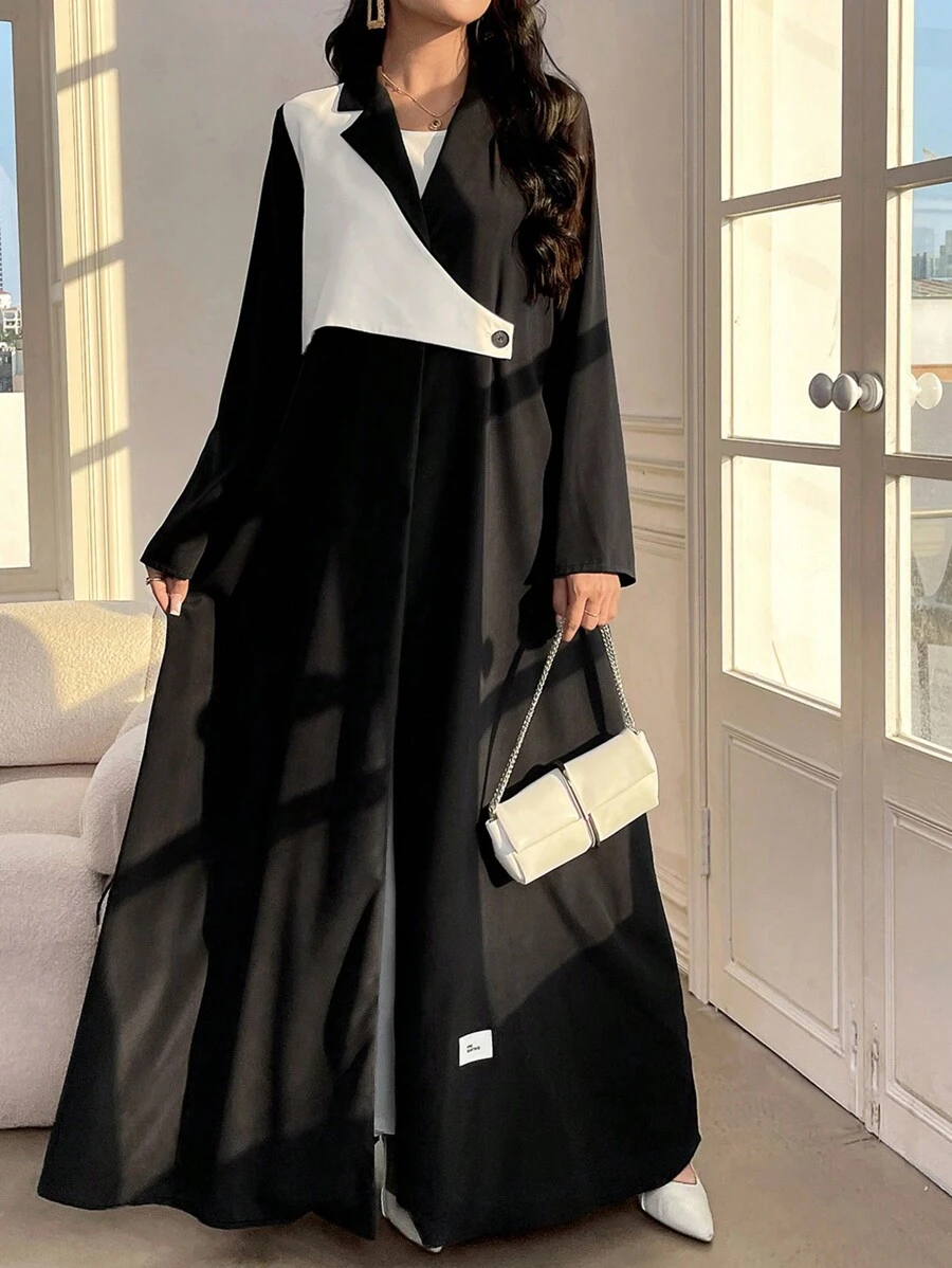 Al Najma Women's Color Block Lapel Neck Long Batwing Sleeve Long Loose Modest Maxi Arabian Robe Abaya, Elegant Style For Casual Daily/Work/Evening Parties/Wedding Guest - Black and White - View 1