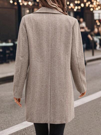 SHEIN Clasi 女士翻领纽扣长袖时尚商务成熟人字形短款羊毛大衣带口袋冬季女装外套