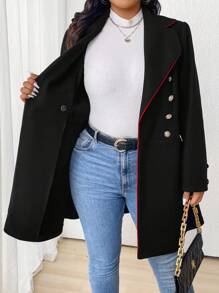 SHEIN LUNE Plus Size Women's Double-Breasted Knitted Blend Coat Jacket With Decorations, For Fall/Winter - Black - View 6