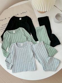 SHEIN LMoss Kids LMoss 3-4 件套女婴冬季休闲罗纹针织喇叭裤套装，适合户外、派对和场合 - 灰色 - 查看 3