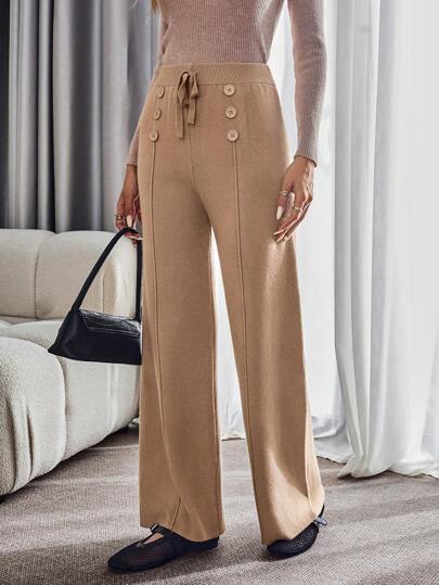 GENKIRA 秋冬纯色简约经典时尚系带纽扣装饰设计宽松百搭针织裤