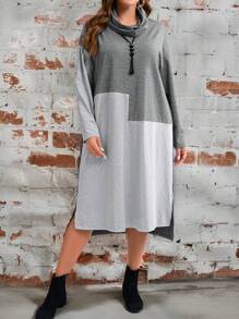 EMERY ROSE Plus Size Casual Loose Fit Colorblock Long Sleeve Dress Fall Clothes - Multicolor - View 1