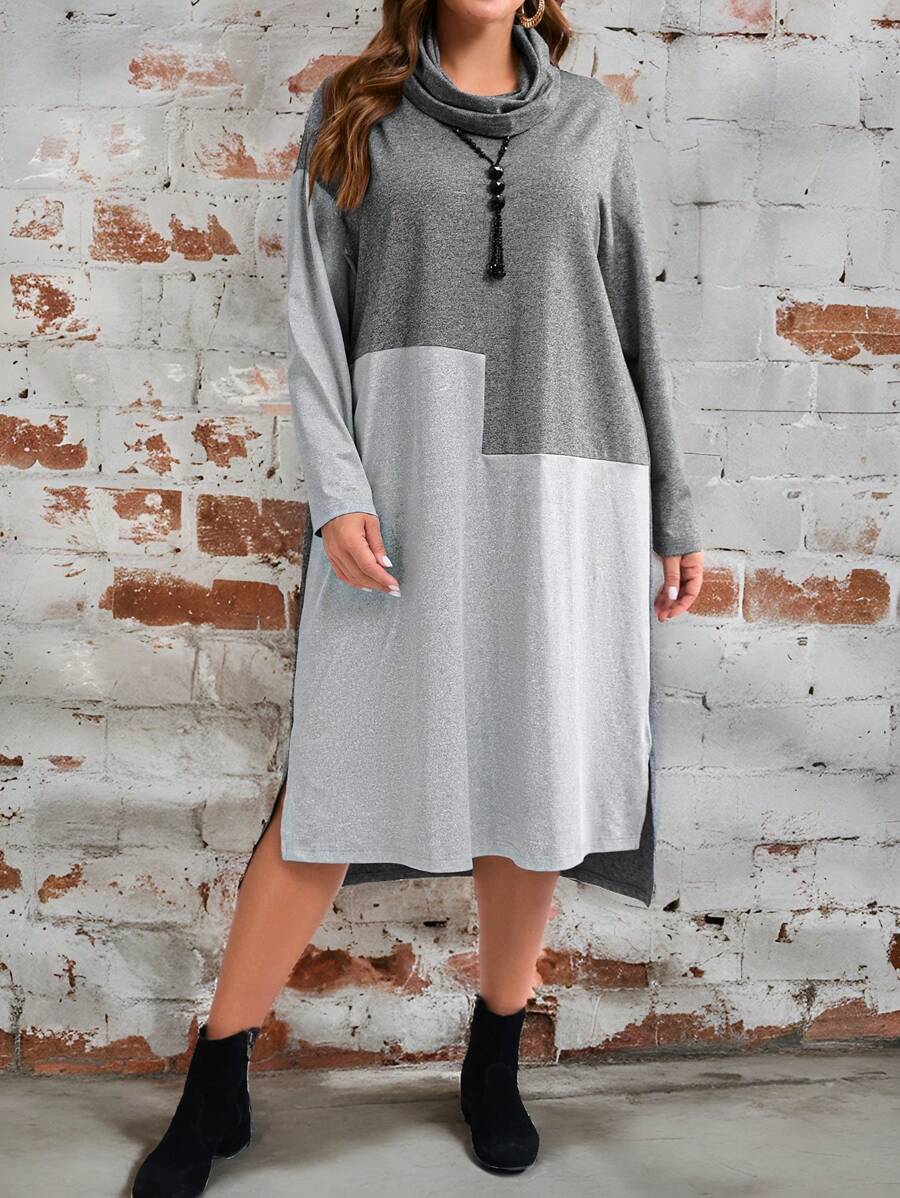 EMERY ROSE Plus Size Casual Loose Fit Colorblock Long Sleeve Dress Fall Clothes - Multicolor - View 1
