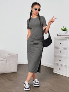 SHEIN Vestido corto informal de manga corta con abertura bajo de punto acanalado para adolescentes - Gris Oscuro - Ver 6