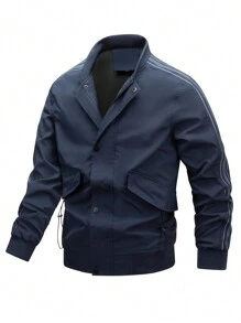 Manfinity Homme Men's Stand Collar Casual Solid Color Flight Jacket - Blue - View 1