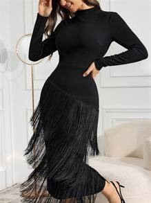 Modelyn 女士高领长袖流苏下摆休闲连衣裙、度假长款晚礼服 - 黑色 - 查看 1