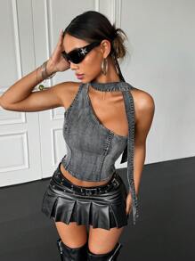SHEIN ICON 女式牛仔不对称领口紧身弹力衬衫（深灰色）、外出上衣、紧身胸衣上衣、不对称上衣、露肩上衣、俱乐部上衣、 - 深灰色 - 查看 4