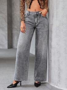 SHEIN Essnce Women Denim Jeans With Pentagram And Leopard Print - Grey - View 2