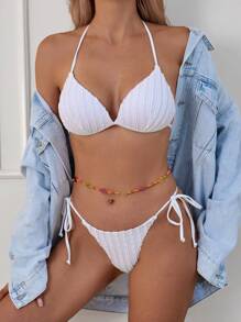 SHEIN Swim Conjunto de bikini halter simple para mujer y conjunto de bikini (color de la cadena de cintura al azar) para playa de verano - Blanco - Ver 3