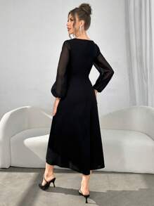 Modelyn Women's Spring & Summer Rhinestone Embellished Scoop Neck Mesh Lantern Sleeve Dress - Black - View 2