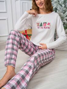 RueChic Cotton 2Pcs  Cute New Year Trees Printed Shirt And Plaid Printed Sleep Bottom Christmas PJ Set - Multicolor - View 4