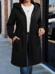 SHEIN LUNE Áo khoác trùm đầu thường ngày có khóa kéo túi trước màu trơn cỡ lớn, mặc hàng ngày - màu đen - Xem 6