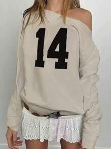 INAWLY 女士休闲插肩袖数字印花运动衫，日常穿着 - 杏色 - 查看 3