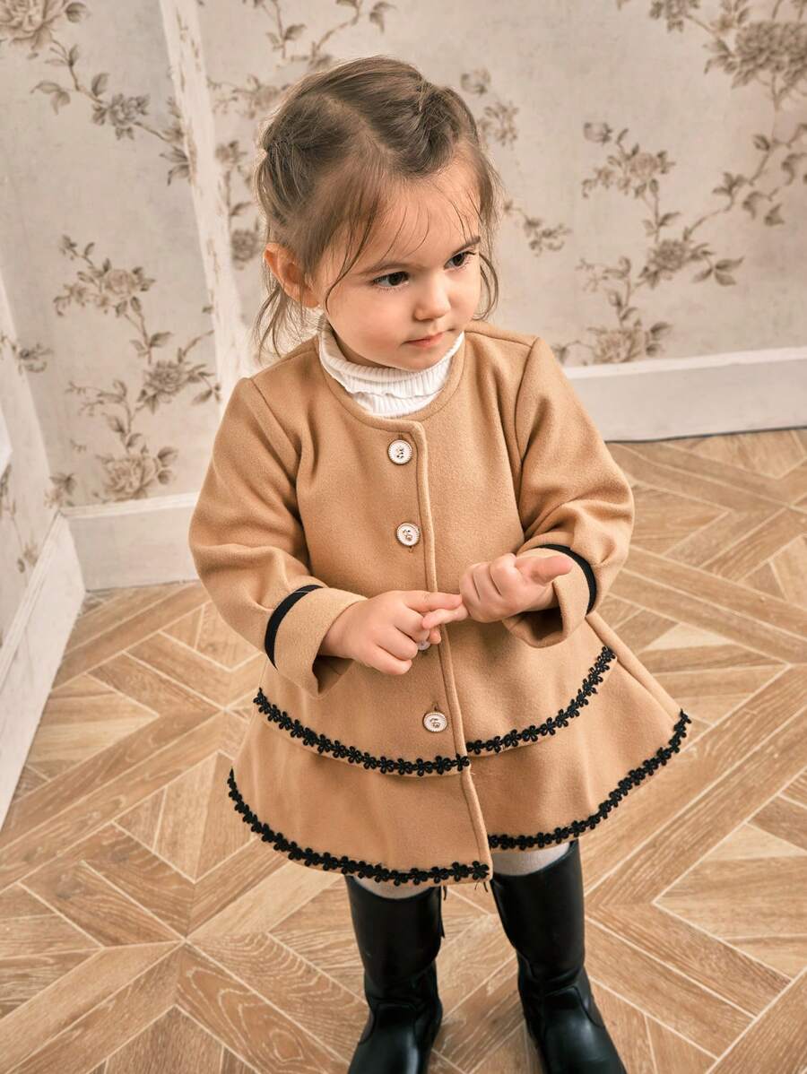 女童优雅复古羊毛大衣，秋冬款 - 棕色 - 查看 1