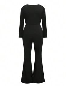 SHEIN Clasi 大码女式休闲黑色针织系腰紧身喇叭连体裤，秋季 - 黑色 - 查看 2