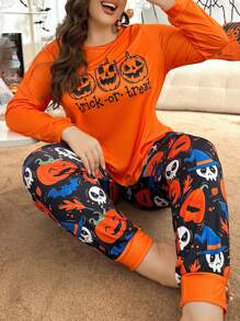 Plus Size Pumpkin Themed Long Sleeve Pajama Set, Fall Clothes, Halloween - Multicolor - View 5