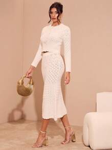 Glamine 2 件套女士前扣长袖修身毛衣和 A 字裙休闲装 - 白色 - 查看 4