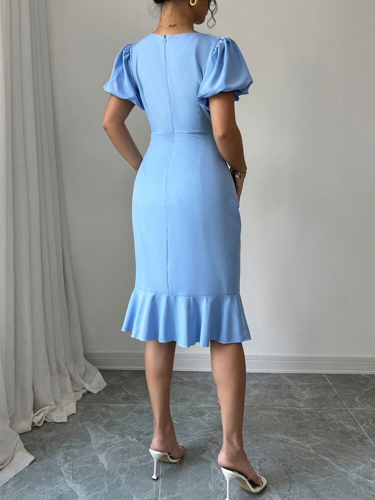 Selianne Women's Elegant Solid Color Ruffle Hem Petal Sleeve Dress, Summer - Blue - View 2