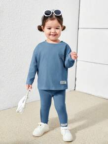 SHEIN Baby Girl Cute Knitted Letter Print Long Sleeve Top And Elastic Waist Pants Set - Blue - View 9