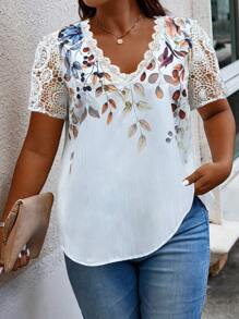 Calvaya Áo cánh tay ngắn cổ chữ V in hoa ren cỡ lớn cho nữ, mùa hè - trắng - Xem 3