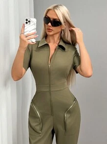 SHEIN SXY Bộ đồ liền thân thường ngày có túi dành cho nữ, dành cho mùa thu và đông - xanh quân đội - Xem 4