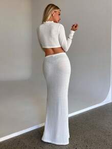 Aloruh Women's Autumn And Winter Plush Knitted Two-Piece Suit - White Cropped Pleated White Sweater Short Top + Asymmetric Fishtail Sweater Skirt, Daily Casual Commuting Early Autumn Warm Long-Sleeved Sweater Suit