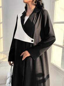 Al Najma Women's Color Block Lapel Neck Long Batwing Sleeve Long Loose Modest Maxi Arabian Robe Abaya, Elegant Style For Casual Daily/Work/Evening Parties/Wedding Guest - Black and White - View 3